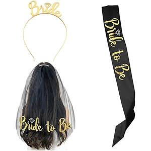Dreiteiliges JGA-Set in Schwarz und Gold mit Braut-Haarreif, Schleier und Schärpe