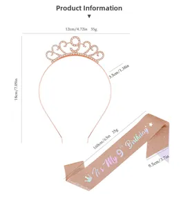 Size chart showing dimensions of 9th birthday rhinestone tiara and rose gold glitter sash