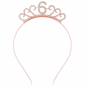 Cerchietto corona in oro rosa con strass per il 6 compleanno di bambine con il numero 6
