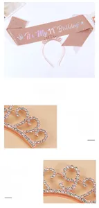 Detail of rose gold 11th birthday tiara with rhinestones and pink glitter sash