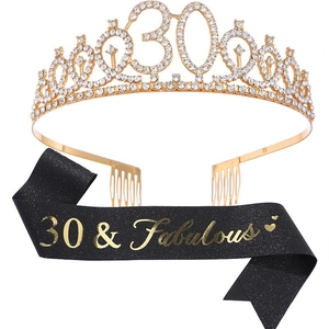 Golden 30th birthday crown with rhinestones and black 30 & Fabulous sash set