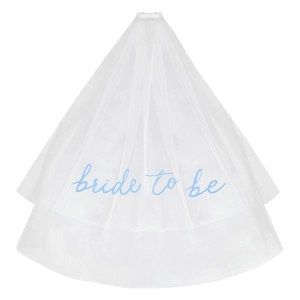 Elegant double-layered white bridal veil with light blue Bride To Be script and comb