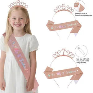 Birthday Girl Rose Gold Tiara And Sash Alloy Rhinestone Crown Age 3-11 For Birthday Party Celebration Decoration Girls Gift