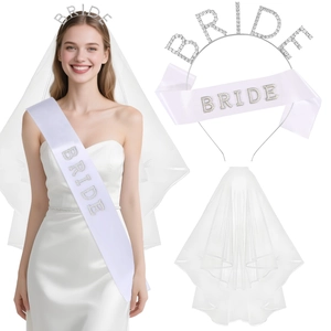Three-piece bridal party set including rhinestone headband, satin sash, and layered veil