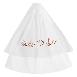Elegant white two-tier bridal veil with rose gold 'Bride to Be' text and hair comb