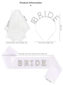 Size chart showing dimensions for bride headband, 80cm veil and 160cm sash accessories