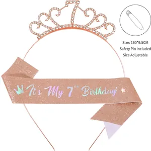 Rose gold rhinestone 7th birthday tiara and sash set with adjustable safety pin