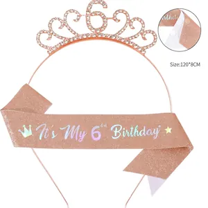 Rose gold 6th birthday party set with rhinestone tiara and pink sequin sash for girls