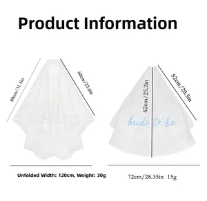 Detailed size comparison of two white bridal veils with measurements and bride to be text