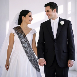 Détail d'une écharpe Bride to be en dentelle noire élégante avec lettrage pailleté