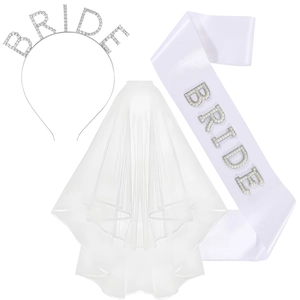 Detailed set of silver rhinestone bride headband, pearl sash and multi-layer tulle veil