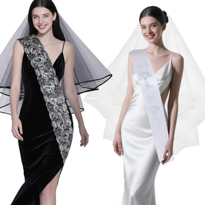Detail of Bride to Be sashes and lace veils in black and white for bachelorette parties