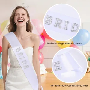White satin BRIDE sash and pearl headband set for bridal showers and bachelorette parties