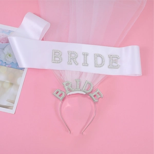 Bride wedding accessory set with pearl letter headband veil and white satin sash