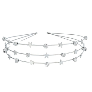 Diadema plateada de tres capas con estrellas y diamantes de imitación para peinado elegante