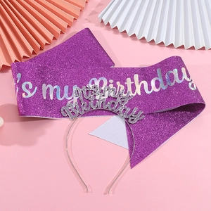 Ensemble écharpe pailletée violette et bandeau strass avec texte It's My Birthday argent