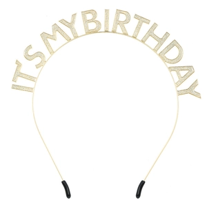 Serre-tête doré brillant IT'S MY BIRTHDAY pour fêtes d'anniversaire sur fond blanc