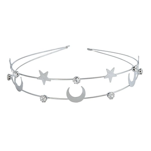 Elegante diadema plateada de estrella y luna con cristales brillantes en un diseño de metal doble