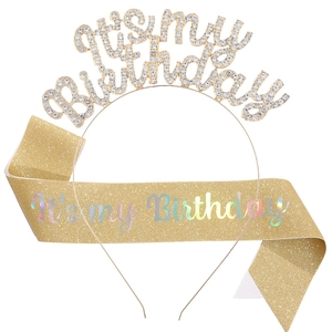 Set d'Accessoires de Fête It's My Birthday pour Femmes Filles Serre-tête en Métal avec Strass et Écharpe Pailletée Décorations