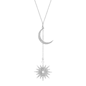 Elegant silver Y-shaped necklace featuring celestial moon and sunburst star pendants