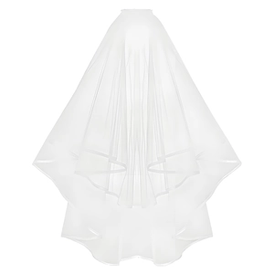 Detail of elegant two-layer white bridal tulle veil with delicate satin edge finish