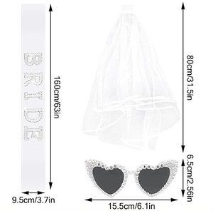 Detailed size specifications for white bride veil, sash, and heart sunglasses set