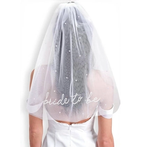 White Tulle Bridal Veil For Bachelorette Party With Double Layer Artificial Pearls And Embroidered Bride To Be Text Wedding Ornament