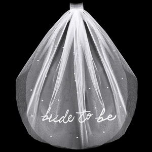 Double-layer white bridal veil with pearls and 'bride to be' text and hair comb
