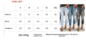 Tableau des tailles pour jeans troués avec mesures de taille et hanches du S au 2XL