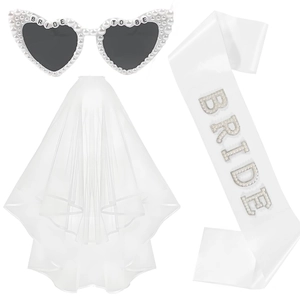 Bride To Be Wedding Party Set White Satin Sash Rhinestone Artificial Pearl Veil Heart Sunglasses Bridal Bachelorette Shower Accessories For Women