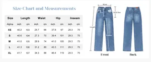 Detailed size chart for high waist straight denim jeans showing measurements from XS to XL
