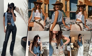Détail du gilet en jean bleu vintage avec col en V et boutons en plusieurs tenues de mode