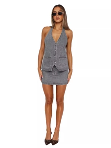Women's two-piece charcoal grey washed denim set with halter neck vest and mini skirt
