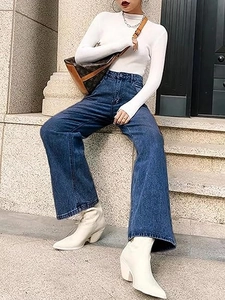 Women's High Waist Wide Leg Jeans Straight Fit Washed Denim Distressed Slimming Long Pants Casual Commuter Trousers