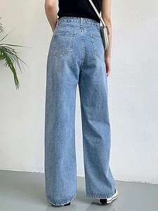 Back view of high waist wide leg light blue denim jeans with classic pocket detailing