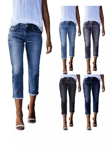 Women High Waisted Slim Fit Stretchy Cropped Jeans Frayed Hem Denim Pants Fashion Vintage Washed Distressed Skinny Trousers