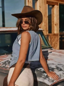 Gilet en Denim Vintage pour Femme Top Sans Manches Bleu Délavé Court Style Cowboy de l'Ouest Boutonné Décontracté Gilet Mode Vêtement