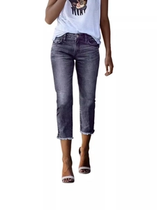 Slim fit high waisted cropped jeans in smoke grey wash with frayed raw hems for women