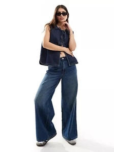 Women's dark blue sleeveless denim vest and high-waisted wide-leg jeans set