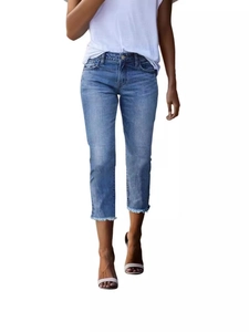 Fashion slim fit stretch blue denim jeans for women with frayed raw hem and ankle length cut