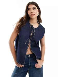 Women Fashion Sleeveless Denim Vest Dark Blue Cotton Denim Waistcoat Lace Up Front Contrast Stitching Streetwear Top
