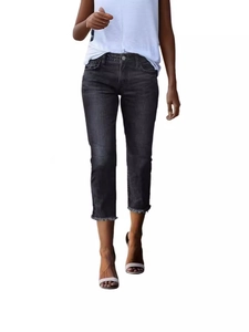Fashionable dark grey slim fit cropped denim jeans with stylish frayed hem for women