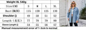 Detailed size chart and measurement guide for women's vintage washed denim jacket