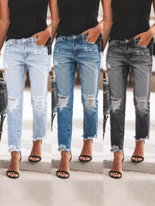 Women Casual Ripped Straight Jeans Distressed Frayed Hem Washed Denim Streetwear Trousers Fashion High Waist Denim Pants