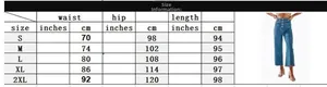 Detailed size chart for high waist wide leg jeans featuring waist hip and length measurements