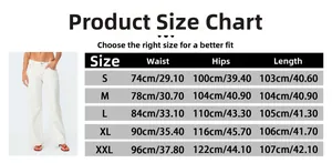 Size chart for white straight leg jeans with waist, hips, and length in cm and inches
