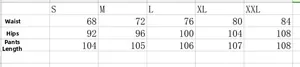 Detailed size chart for high waist stretch jeans including waist and hip measurements
