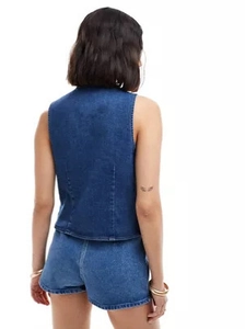 Women's dark blue denim vest set with matching high-waisted shorts and back strap detail