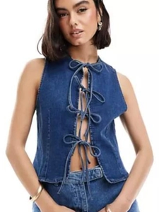 Fashionable dark blue denim vest with stylish front lace-up bows and sleeveless cropped design