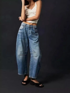 Jean barrel femme à taille mi-haute, jambe large, délavage bleu moyen et coutures genoux